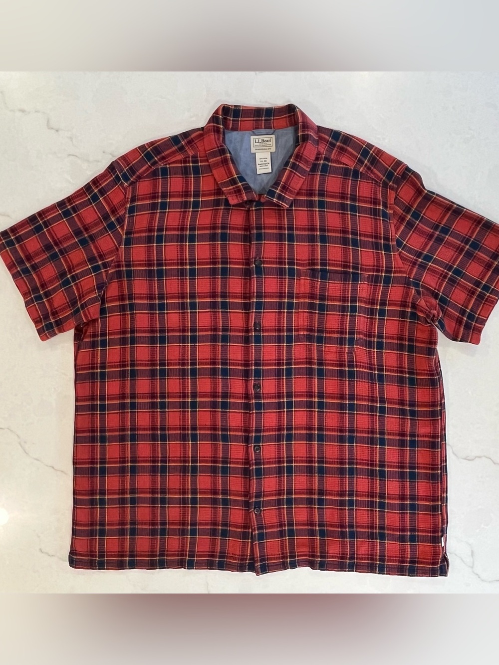LL Bean Rugged Waffle Shirt Mens XXL Traditional Fit Short Sleeve Plaid Red Blue
